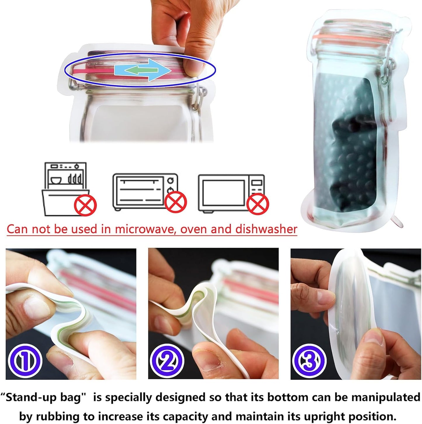 SustinaFlexPack Mason Jar Food Storage Bags Resealable Ziplock Treat Bags Sealing Food Storage for Candy Cookies Snack - Red 25 pack