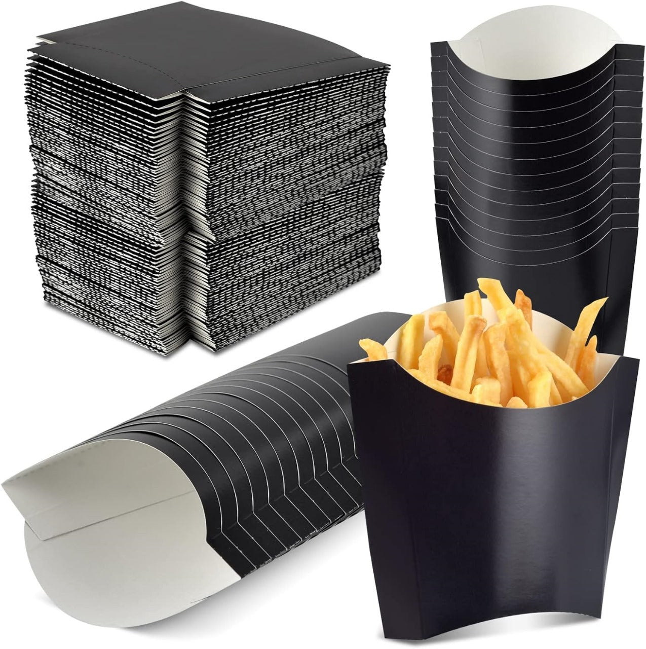 Chips - French Fries Containers, Disposable Cafe Cups - Black & Kraft Brown - 50 pc pack